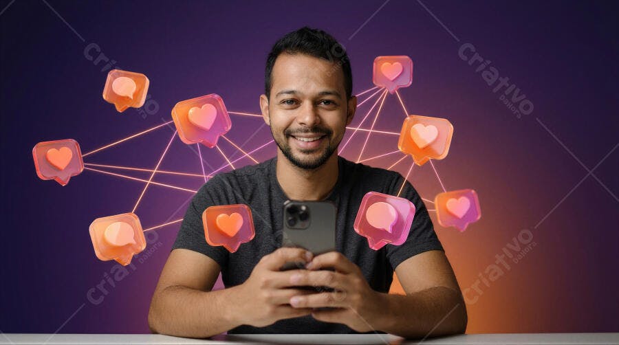 Foto Homem Sorrindo Celular Redes Sociais Marketing Digital