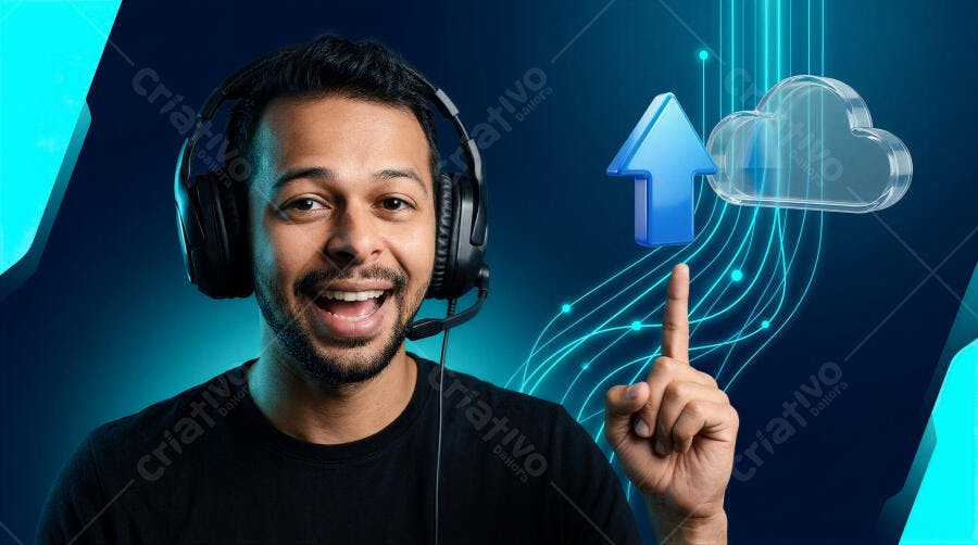 Foto Homem Sorrindo Headset Apontando Nuvem Upload Dados