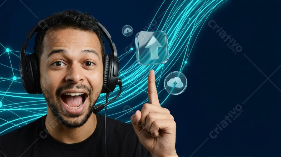 Foto Homem Sorrindo Headset Apontando Nuvem Upload