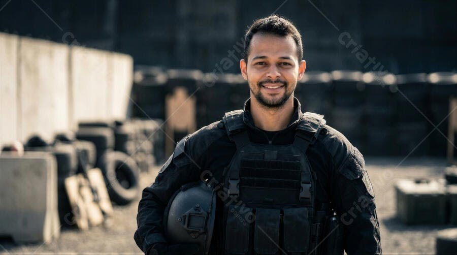 Foto Homem Sorrindo Militar Tático Capacete Campo Treinamento