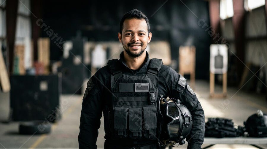 Foto Homem Sorrindo Militar Tático Capacete Fundo Escuro