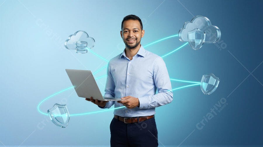 Foto Homem Sorrindo Notebook Conectado Nuvem Segurança Digital