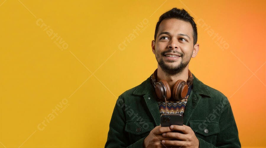 Foto Homem Sorrindo Olhando Cima Segurando Celular Fundo Amarelo