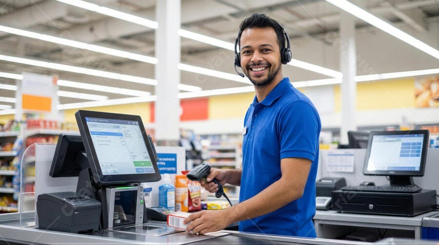 Foto Homem Sorrindo Operando Caixa Supermercado