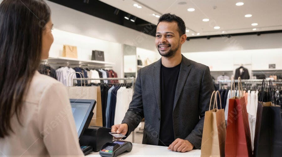 Foto Homem Sorrindo Pagando Compra Cartão Loja de Roupas