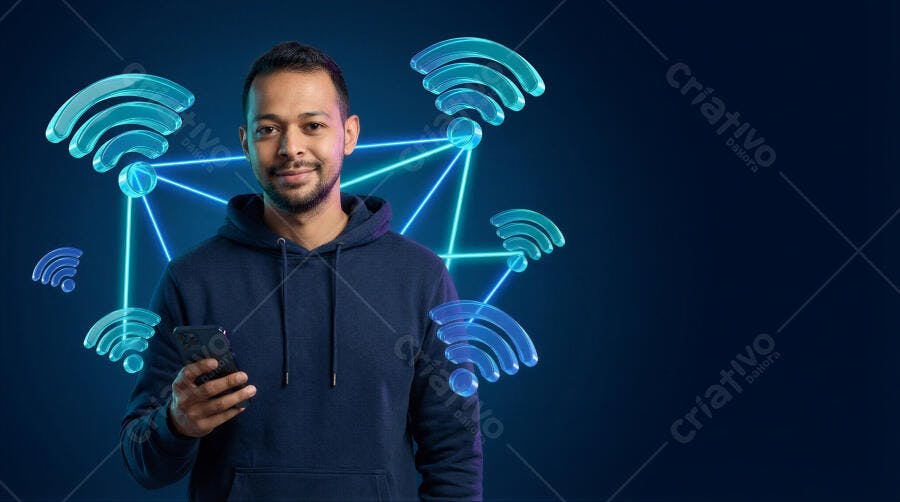 Foto Homem Sorrindo Segurando Celular Conectividade Wi-Fi