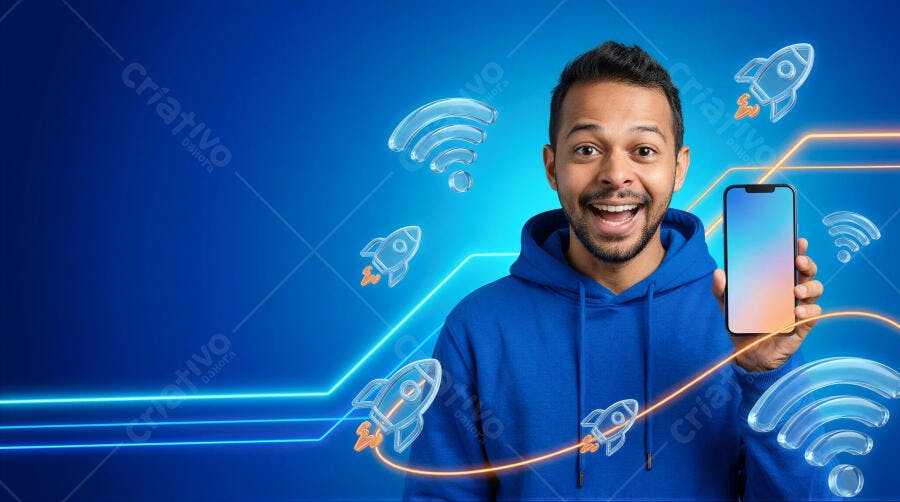 Foto Homem Sorrindo Segurando Celular Fundo Azul Tecnologia