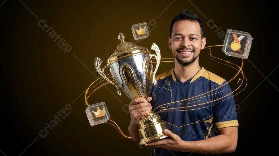 Foto Homem Sorrindo Segurando Troféu Dourado Fundo Escuro