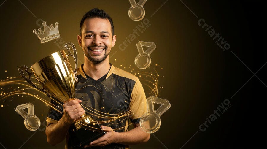 Foto Homem Sorrindo Segurando Troféu Dourado Fundo Escuro