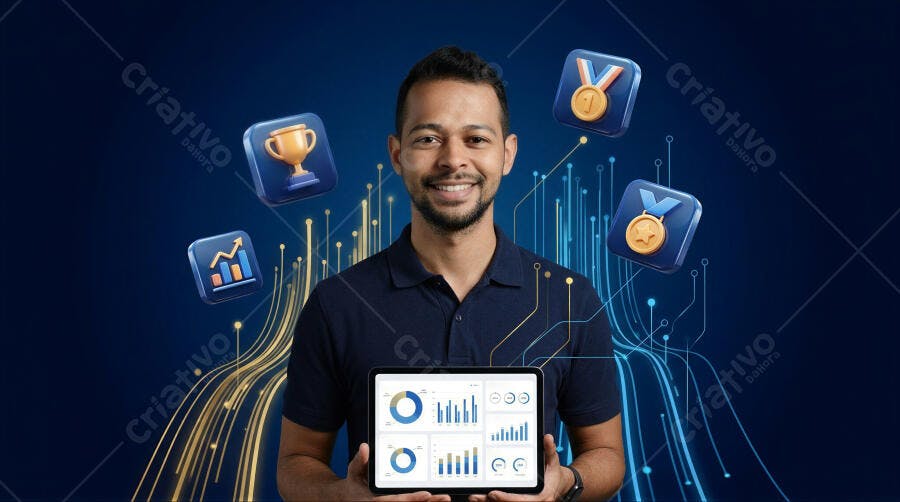 Foto Homem Sorrindo Tablet Gráficos Desempenho Digital