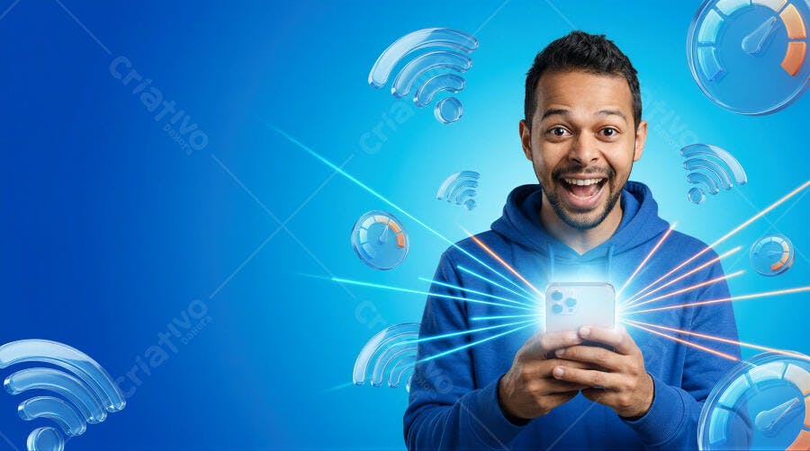 Foto Homem Sorrindo Usando Celular com Wi-Fi Rápido Conexão Internet