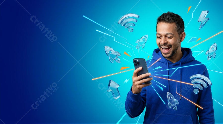 Foto Homem Sorrindo Usando Celular Conexão Rápida Internet