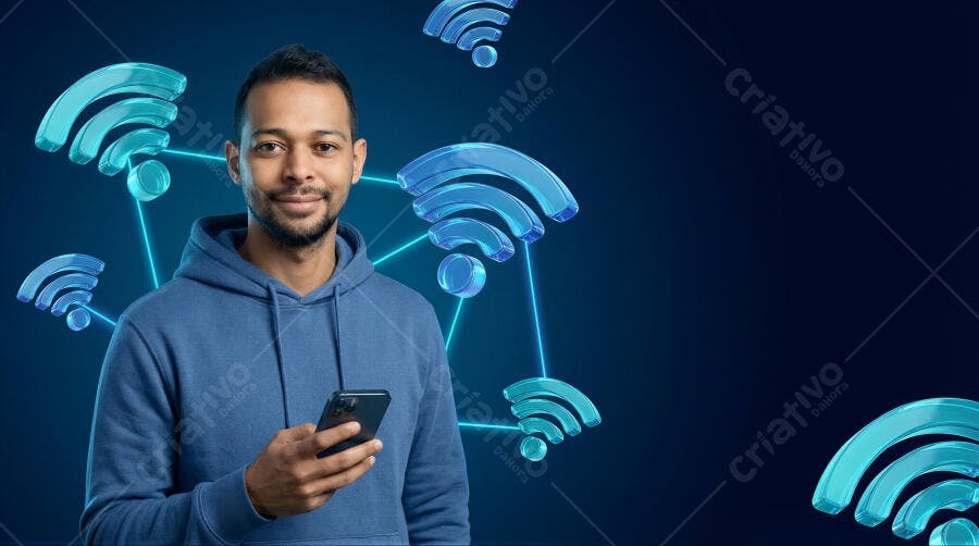 Foto Homem Sorrindo Usando Celular Conexão Wifi Digital