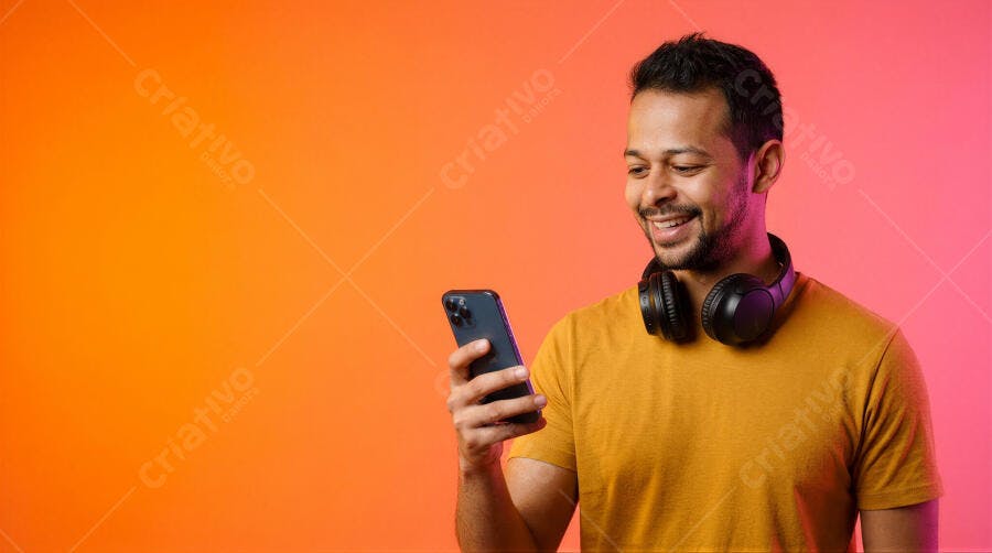 Foto Homem Sorrindo Usando Celular Fones de Ouvido Fundo Laranja Rosa