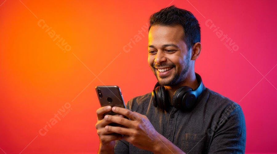 Foto Homem Sorrindo Usando Celular Fundo Colorido Gradiente