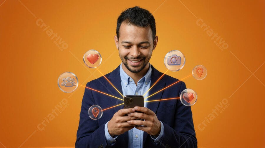 Foto Homem Sorrindo Usando Celular Redes Sociais Marketing Digital