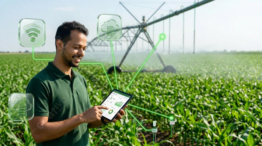 Foto Homem Sorrindo Usando Tablet Agricultura Inteligente Campo