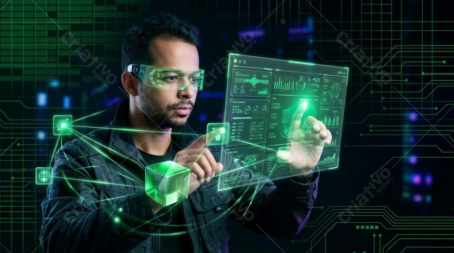 Foto Homem Tecnologia Futuro Realidade Virtual Interagindo Interface Digital