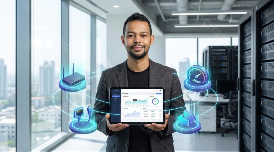 Foto Homem Tecnologia Segurando Tablet com Gráficos e Ícones de Rede