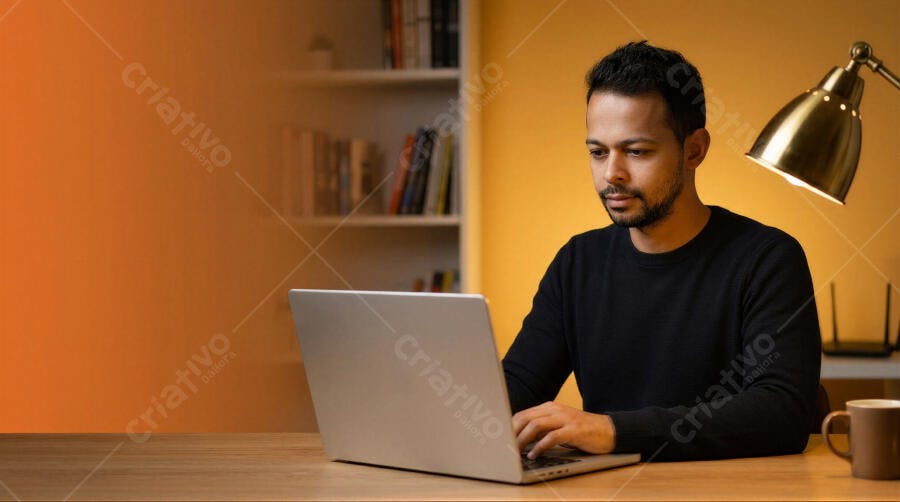 Foto Homem Trabalhando Notebook Escritório Home Office Noturno