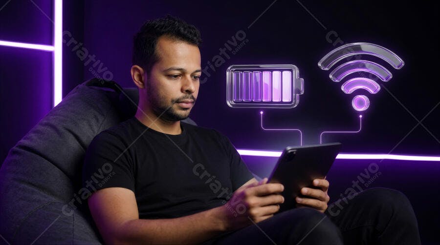 Foto Homem Usando Tablet Conectado Wi-Fi Bateria Carregando