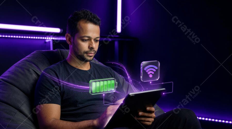 Foto Homem Usando Tablet Conectividade Wi-Fi Bateria Cheia