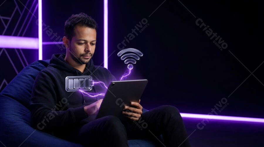 Foto Homem Usando Tablet Conectividade Wi-Fi Carregando Bateria