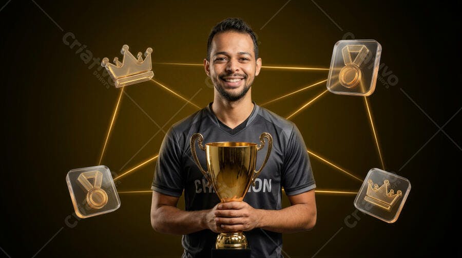 Foto Jogador Gamer Homem Sorrindo Segurando Troféu Campeão