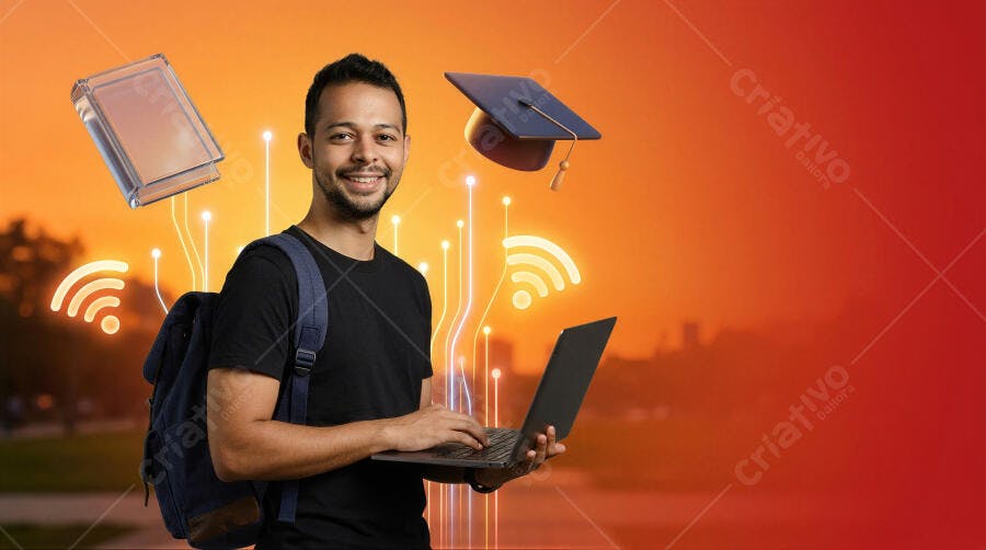 Foto Jovem Estudante Homem Negro Laptop Fundo Digital Educação
