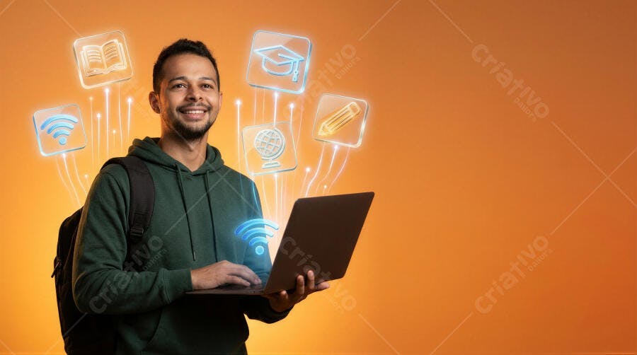 Foto Jovem Estudante Homem Negro Sorrindo Notebook EAD