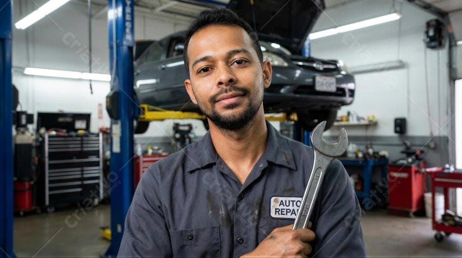Foto Mecânico Homem Negro Oficina Carro Elevado Chave Inglesa