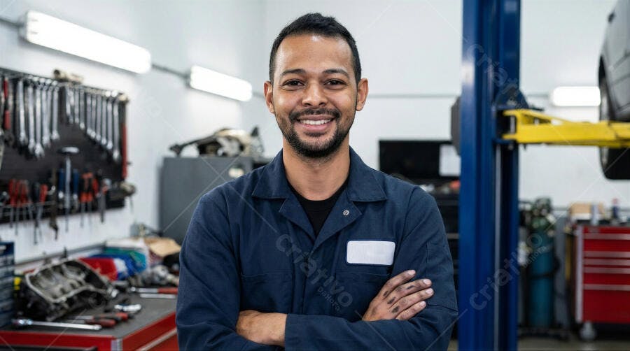 Foto Mecânico Homem Negro Sorrindo Oficina Mecânica