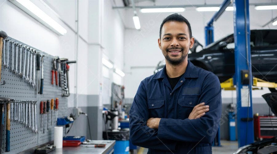 Foto Mecânico Homem Sorrindo Oficina Automotiva Fundo Carro