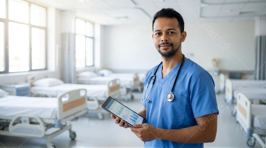 Foto Médico Enfermeiro Indiano Tablet Hospital Leitos Vazios