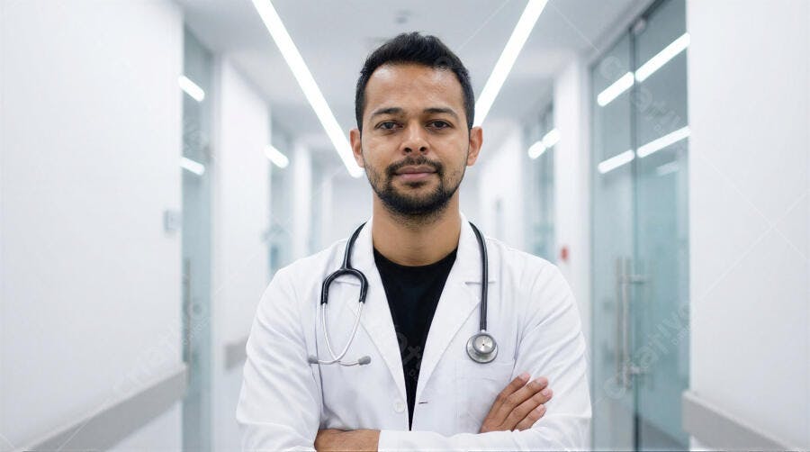 Foto Médico Homem Indiano Braços Cruzados Corredor Hospitalar