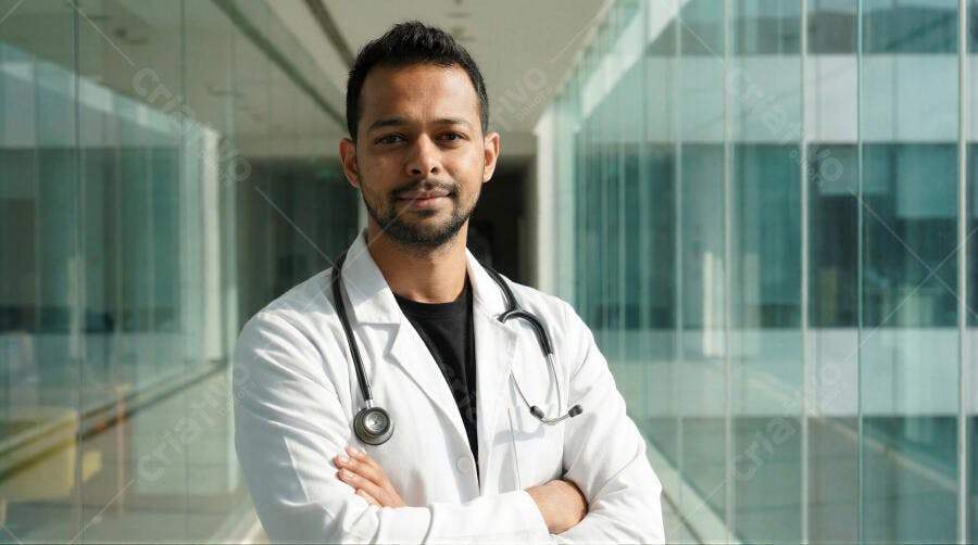 Foto Médico Homem Indiano Sorrindo Braços Cruzados Hospital