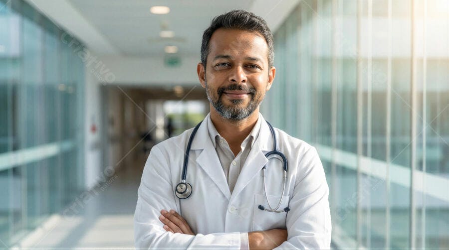 Foto Médico Homem Indiano Sorrindo Braços Cruzados Hospital