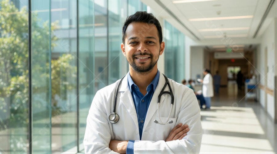 Foto Médico Homem Indiano Sorrindo Braços Cruzados Hospital