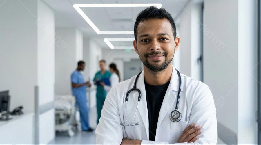 Foto Médico Homem Indiano Sorrindo Hospital Corredor