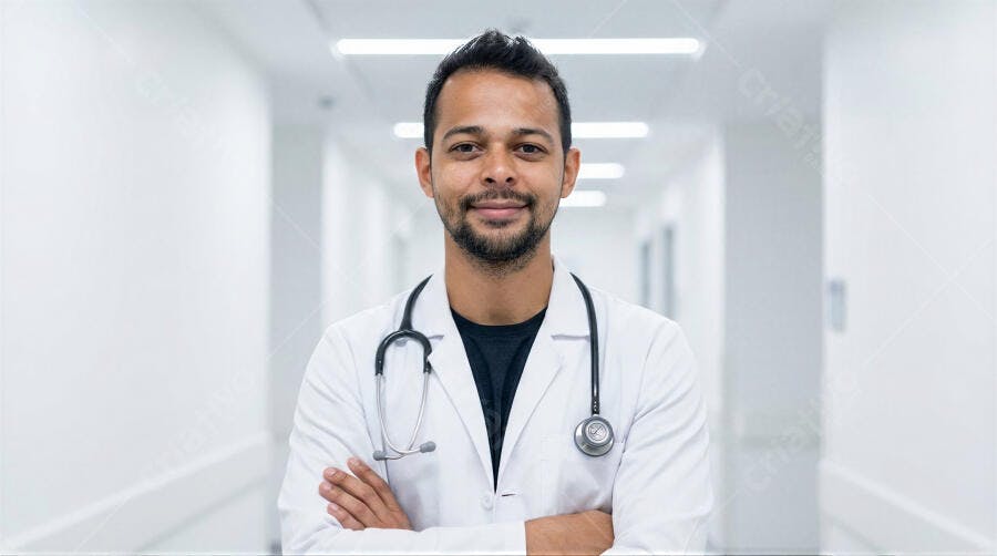 Foto Médico Homem Negro Sorrindo Braços Cruzados Hospital
