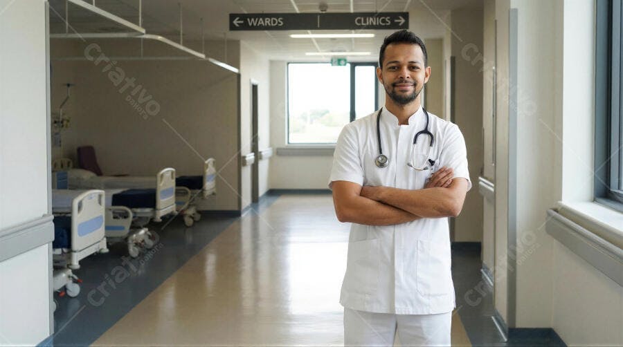 Foto Médico Homem Sorrindo Braços Cruzados Corredor Hospital