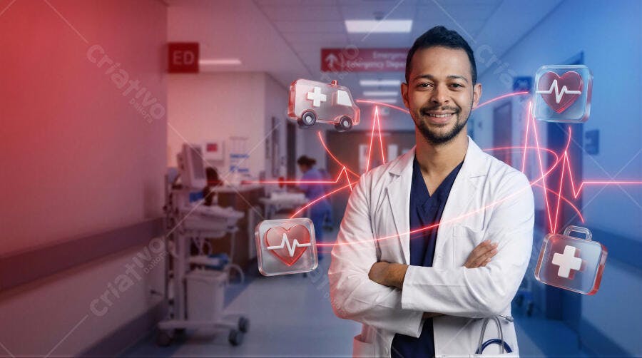 Foto Médico Homem Sorrindo Hospital com Ícones Médicos Digitais