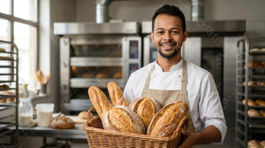 Foto Padeiro Homem Sorrindo Cesta de Pães Padaria