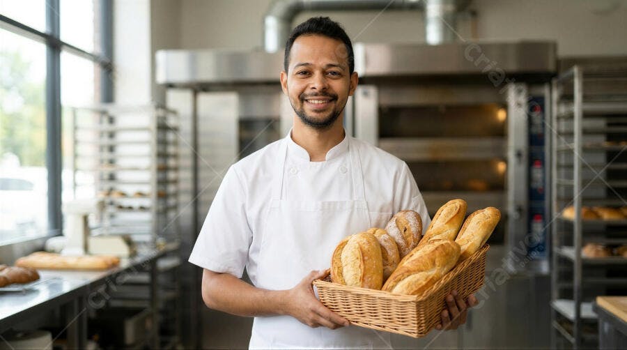 Foto Padeiro Homem Sorrindo Cesta de Pães Padaria