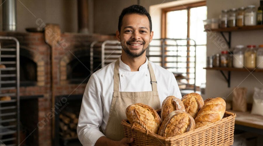 Foto Padeiro Sorrindo Cesta de Pães Forno de Tijolos Padaria