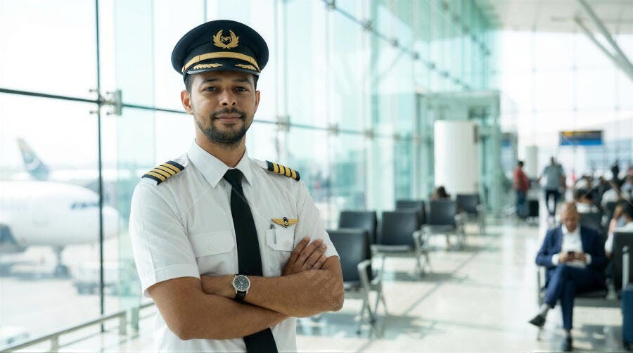 Foto Piloto Avião Sorrindo Braços Cruzados Aeroporto