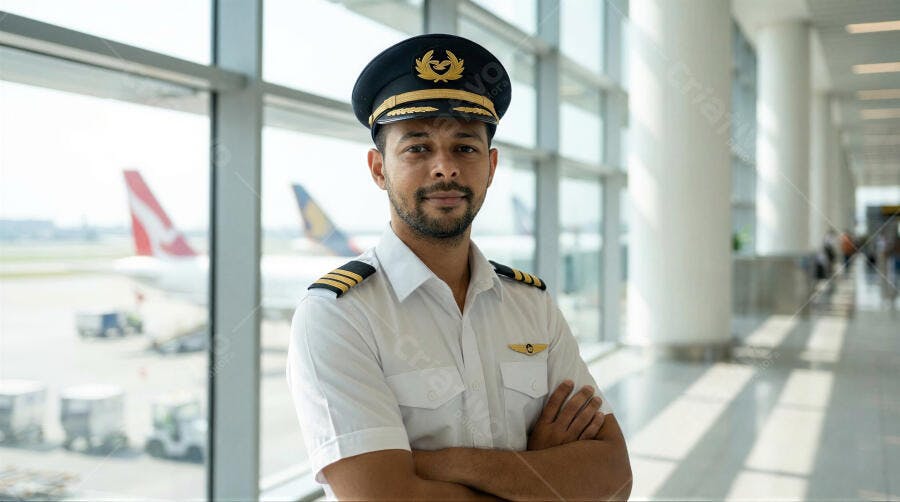 Foto Piloto Homem Negro Braços Cruzados Aeroporto Profissional
