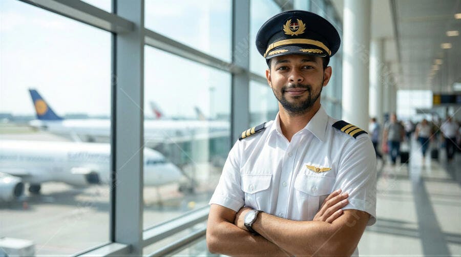 Foto Piloto Homem Sorrindo Braços Cruzados Aeroporto