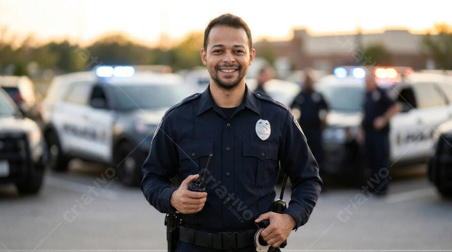 Foto Policial Homem Negro Sorrindo Fundo Viaturas Patrulha