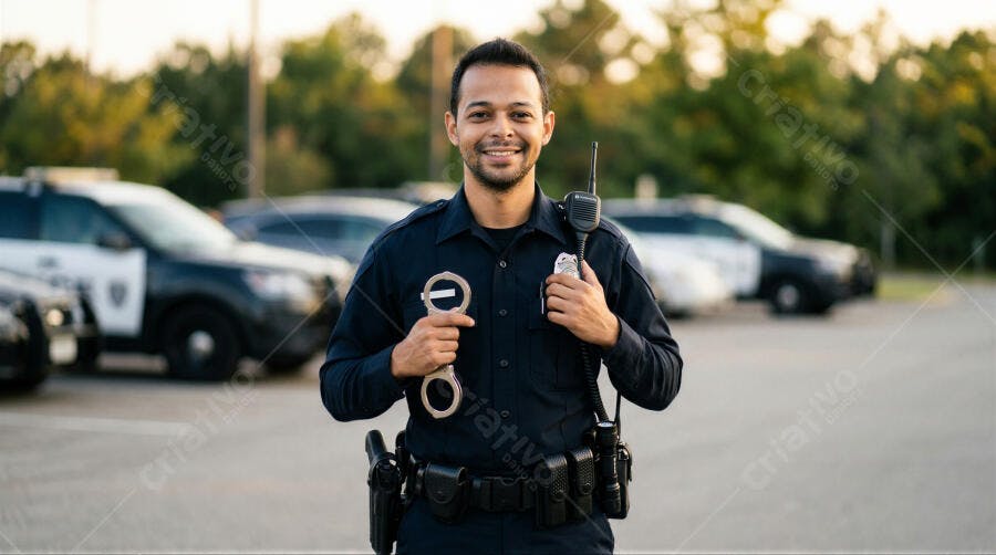 Foto Policial Homem Sorrindo Algemas Rádio Patrulha Estacionamento
